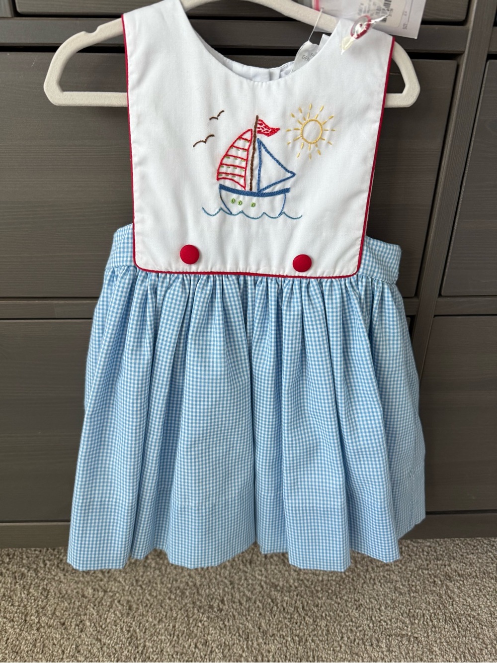 The Proper Peony Blue Gingham Sailboat Embroidered Girls' Dress